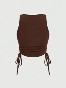 ROMWE Hippie Plus Size Summer Casual Sun Embroidery Side Drawstring Tank Top - Coffee Brown - View 3