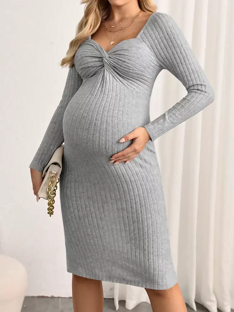 Maternity Ribbed Twist Front Bodycon Dress
