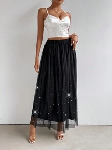 SHEIN Privé Falda De Tul De Malla Con Cuentas De Perlas Para Mujer