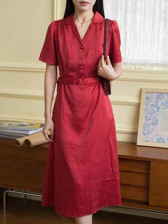 Simple Retro Polyester Polka Dot Belted V Neck Long Dress
