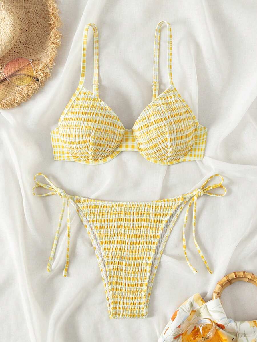 Swim Mod Của phụ nữ Nếp uốn Dây đeo vai 2 mảnh Bộ đồ tắm - Màu vàng - Xem 1