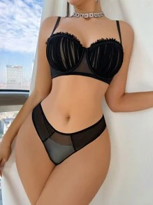 Women's Lingerie Set (Underwire Padded Bra, Triangle Panties) Mesh Garter Set - Black - View 6