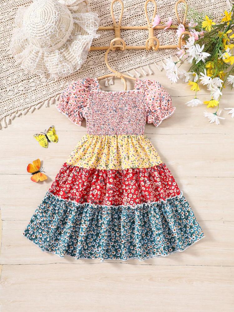 Young Girl Square Neckline Puff Sleeve Color Block Floral Dress