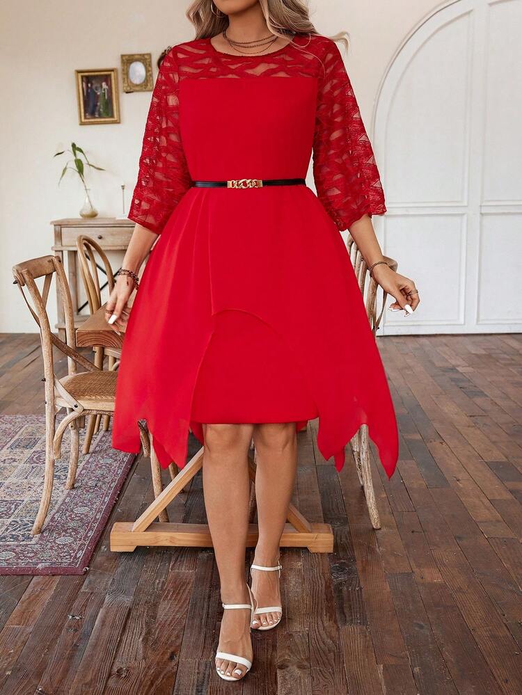 Plus Size Sheer Net Yoke Dress Without Waistband