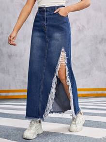 Casual Teenage Girls' Side Slit Denim Skirt With Raw Hem - Blue - View 3