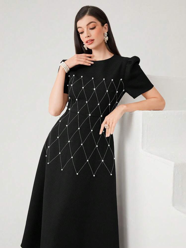 Women'S Faux Pearl Decor Short Puff Sleeve Dress Long Evening Dresses