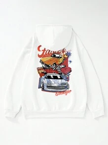男士汽車和字母印花下垂肩連帽衫 - 白色 - 查看 3