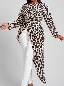 SHEIN Lady 女大尺碼豹紋扭結襯衫 - 彩色 - 查看 1