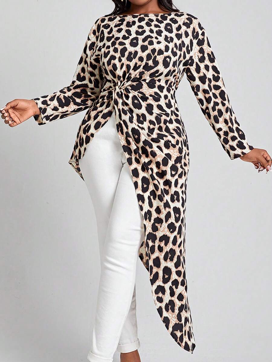 SHEIN Lady 女大尺碼豹紋扭結襯衫 - 彩色 - 查看 1