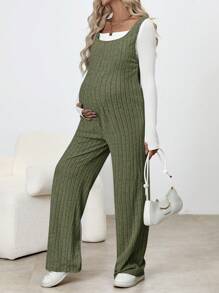 SHEIN 單色孕婦肋紋寬腿連體褲 - 軍綠色 - 查看 4
