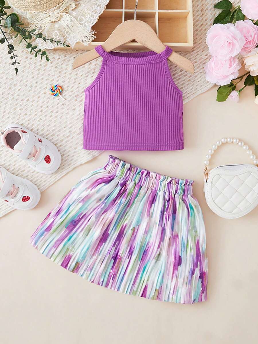 SHEIN 嬰兒女童紫色背心和多色褶皺裙子套裝,休閒裝 - 紫色 - 查看 1