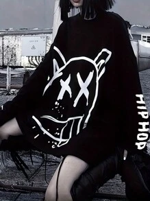 INAWLY Ladies' Cartoon Letter Print Round Neck Long Sleeve T-Shirt Graphic Tees Women Tops For Spring - Black - View 4