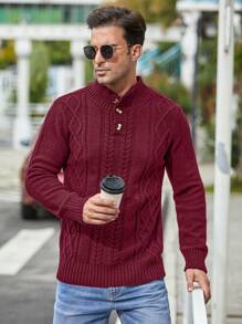 Manfinity Homme Men's Half Buttoned Cable Knit Sweater - Red - View 5