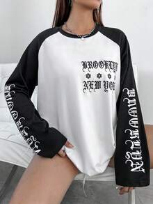 SHEIN Unity 字母印花長袖t恤,色塊拼接設計 - 黑色 - 查看 3