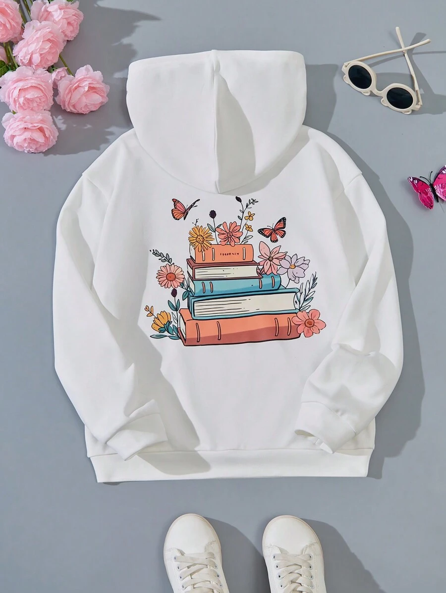 SHEIN Sudadera Con Capucha Para Niñas Adolescentes Con Estampado De Flores Y Libros - Blanco - Ver 1