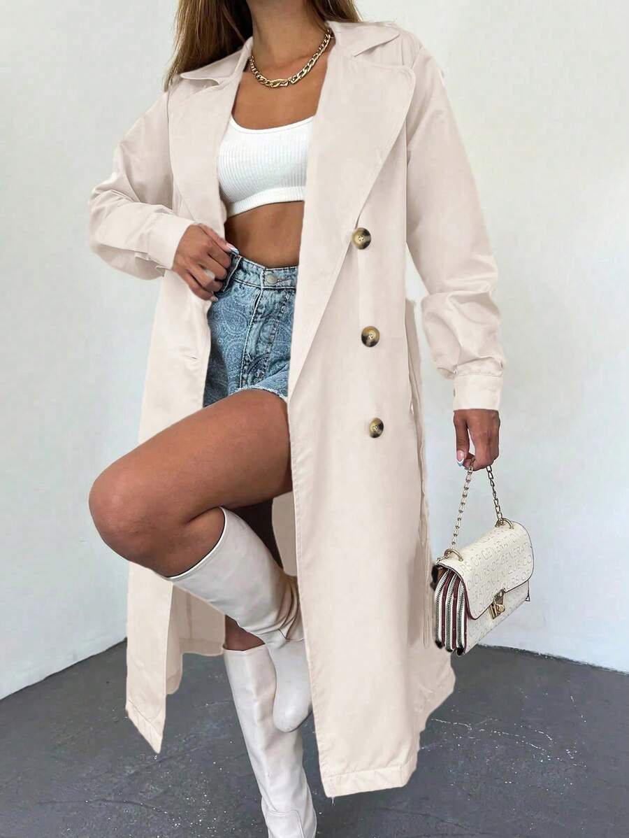 Cổ áo Đôi ngực Thắt lưng Áo khoác Trench - Màu be - Xem 1