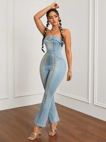 SHEIN ICON Off-shoulder Denim Áo liền quần Với Pháo sáng Chân , Phong cách Vintage Và Denim mùa giặt - Rửa trung bình - Xem 5