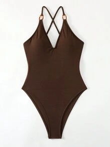 SHEIN Swim 夏日沙灘女士圓環肩帶連體泳衣音樂節泳裝 - 咖啡棕 - 查看 3