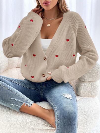 SHEIN Frenchy Women's Red Heart Embroidery V-Neck Cardigan,Long Sleeve Tops,Valentine's Day,Valentines,Valentine,Valentine Day,Knitted Sweater In Fall/Winter Thanks Giving Brown Casual