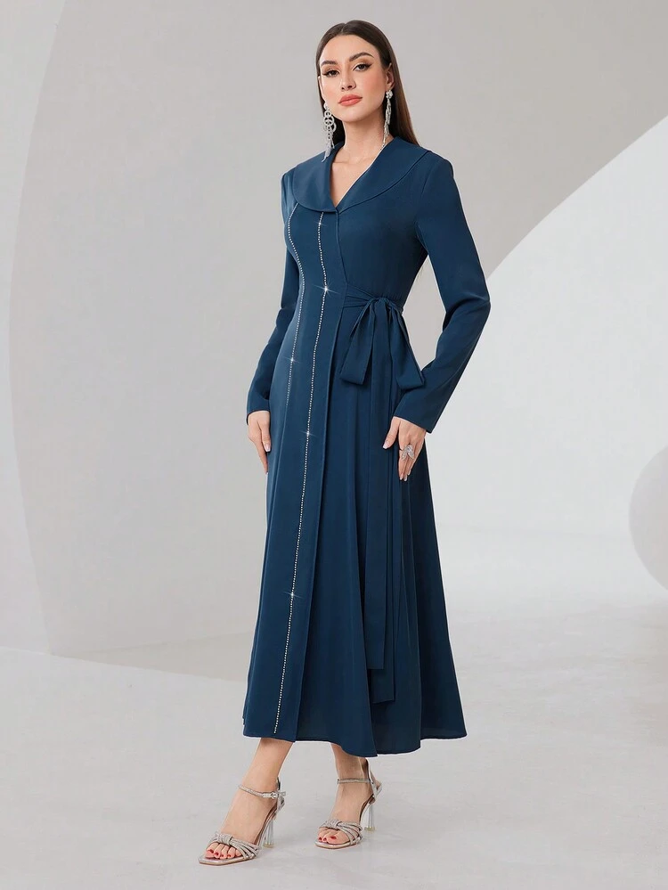 Women's Knotted Waist Long Sleeve Dress Long Evening Dresses
