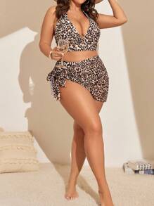 Swim Lushoire 2pcs/3-Piece Plus Size Leopard Print Bikini Swimwear Set Summer - Multicolor - View 4
