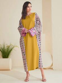 Al Najma Contrast Print Batwing Sleeve Notched Neck Kaftan Dress - Yellow - View 6