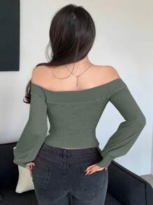 Dazy Designer Off-shoulder Quần skinny Tay áo dài Áo thun - màu xanh lá - Xem 2