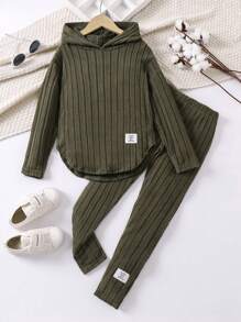 SHEIN Tween Girl Letter Patched Drop Shoulder Hooded Tee & Leggings - Olive Green - View 1