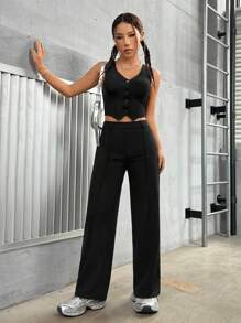 SHEIN PETITE 女款純色背心長褲套裝 - 黑色 - 查看 3