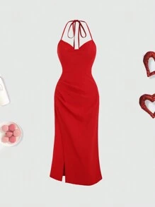 Sweetra Solid Color Draped Neck Halter Slit Dress - Red - View 1