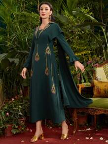 Divindia Women's Floral Embroidery Bell Sleeve Dress - Green - View 6