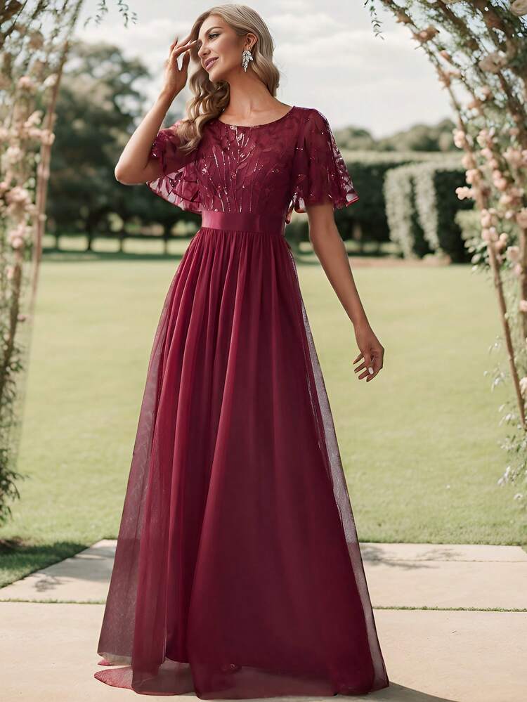 EVERPRETTY Floral Sequin Mesh Dress, Elegant Vintage Spring Burgundy Semi-Formal Evening Gown, Suitable For Party, Banquet, Wedding Guest Wear