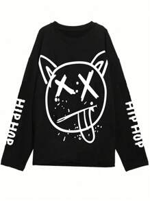 INAWLY Ladies' Cartoon Letter Print Round Neck Long Sleeve T-Shirt Graphic Tees Women Tops For Spring - Black - View 3