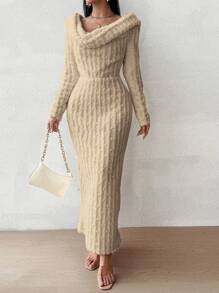 SHEIN Privé Cowl Neck Long Sleeve Hooded Dress - Brown - View 4