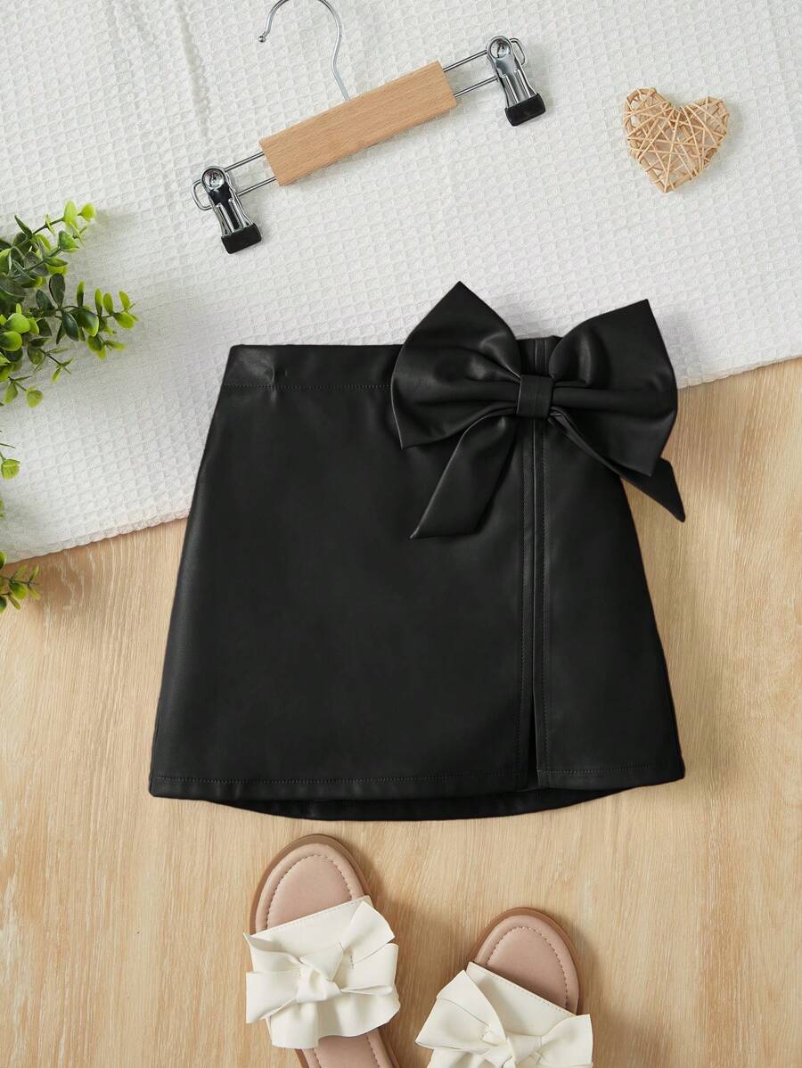 SHEIN Young Girl Comfortable Solid Color Pu Skirt With Bow Decoration For Casual Occasions - Black - View 1