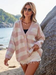 EURMUSE Striped Pattern Drop Shoulder Cardigan - Multicolor - View 5