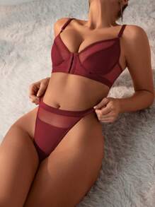 SHEIN Conjunto de lencería para mujer con encaje empalmado, sujetador y ropa interior