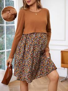 SHEIN Maternity Nursing Floral Patchwork And Print Dress With Long Sleeve - Brown - View 1