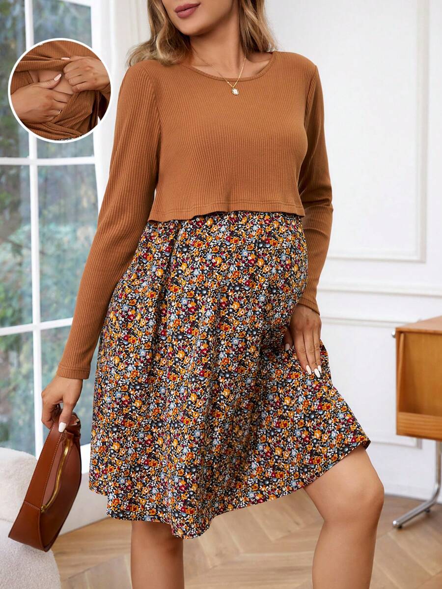 SHEIN Maternity Nursing Floral Patchwork And Print Dress With Long Sleeve - Brown - View 1