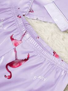 Tween Girls' Flamingo Print Satin Pajama Set - Purple - View 7