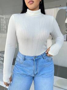 SHEIN EZwear 加大號女款肋紋圓領絨毛毛衣,網狀紋理和長袖 - 白色 - 查看 1