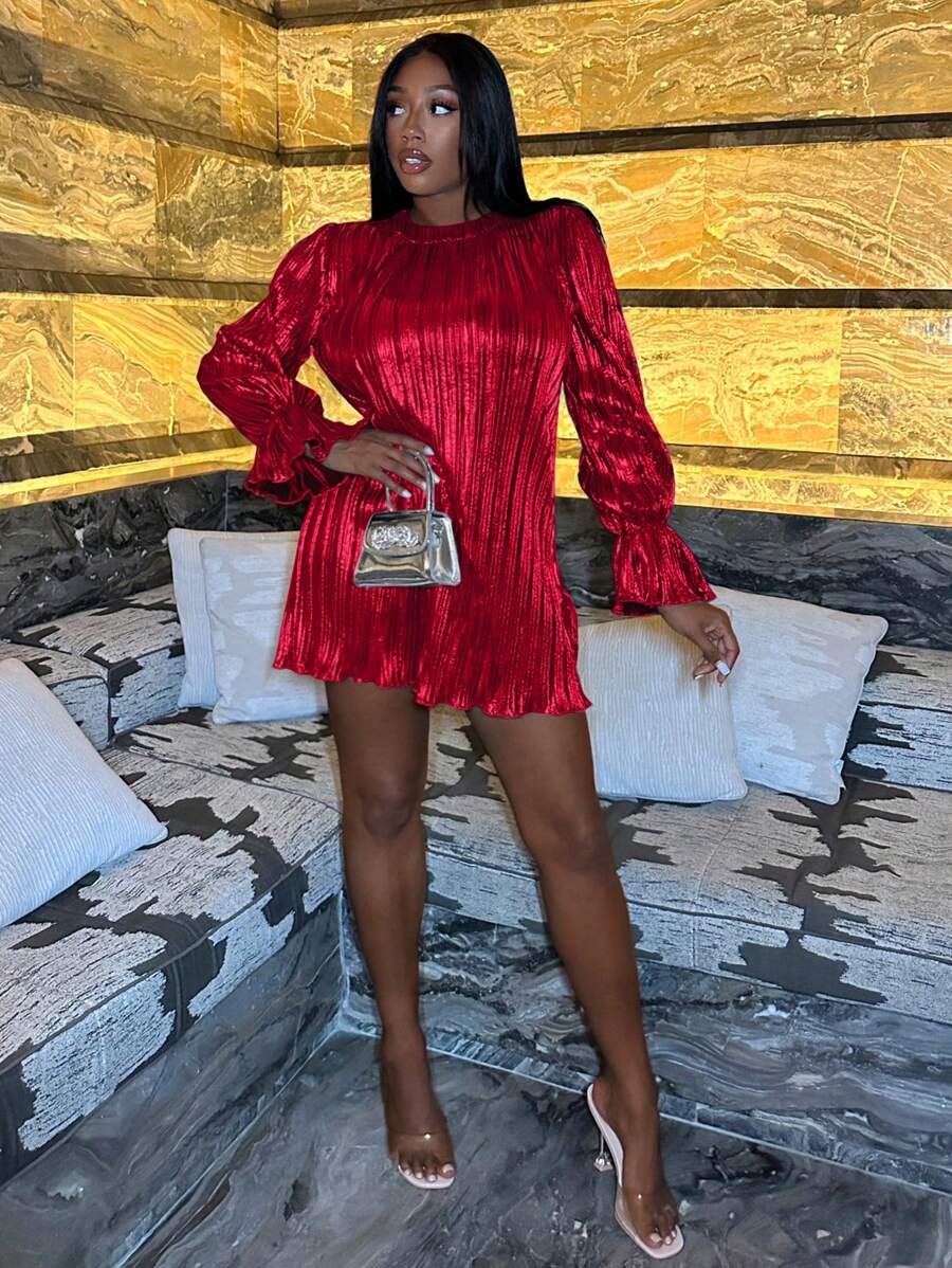Slaydiva Đầm ngắn tay dài thanh lịch và gợi cảm cho ngày lễ tình nhân, lễ hội âm nhạc, kỳ nghỉ, năm mới, hẹn hò. - Đỏ - Xem 1