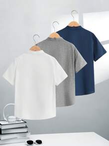 SHEIN 3pcs Tween Boys' Loose Fit Casual Stand Collar Woven Short Sleeve Shirt Set, School, Campus, College