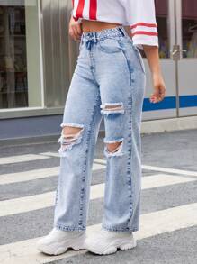 SHEIN ICON Women's Ripped Water Washed Denim Straight Leg Jeans - Light Wash - View 5