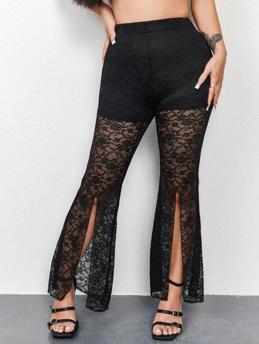 Zolique 女性鉤花插入設計高腰喇叭褲,帶有裂縫 - 黑色 - 查看 1
