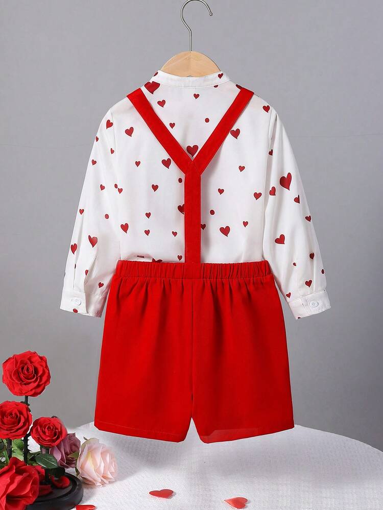 Young Boy 3pcs/Set Casual Heart Print Shirt, Solid Color Overalls And Shorts Set