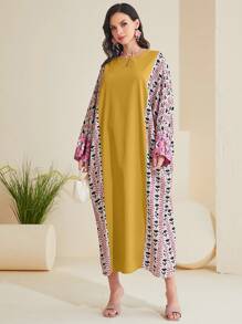 Al Najma Contrast Print Batwing Sleeve Notched Neck Kaftan Dress - Yellow - View 7