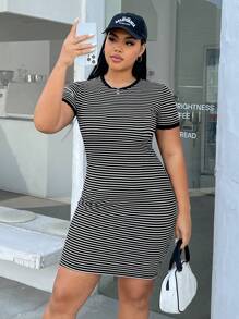 SHEIN EZwear Plus Size Striped Bodycon Dress, Summer