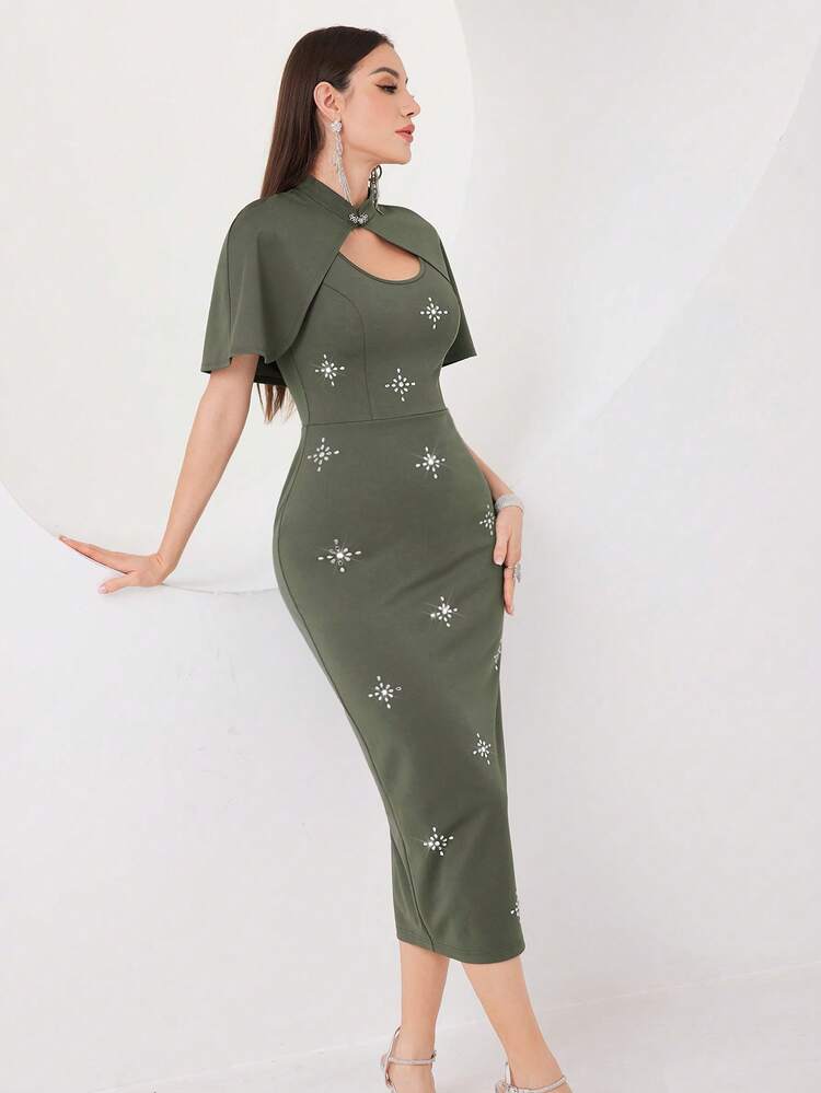 Women'S Slim Fit Hollow Out Dress With Rhinestone Decor,Elegant Evening Party Dress Long Evening Dresses