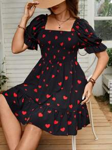 SHEIN Clasi Plus Size Heart Print Square Neckline Dress - Black - View 5